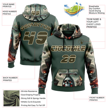 Custom Green Olive-City Cream 3D Skull Hell Cross Sports Pullover Sweatshirt Hoodie