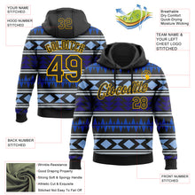 Load image into Gallery viewer, Custom Stitched Black Blue-Gold 3D Mexico Aztec Pattern Sports Pullover Sweatshirt Hoodie
