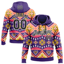 Load image into Gallery viewer, Custom Stitched Purple Black Pink Yellow-White 3D Mexico Aztec Pattern Sports Pullover Sweatshirt Hoodie

