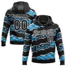 Load image into Gallery viewer, Custom Stitched Black Sky Blue-White 3D Pattern Design Torn Paper Style Sports Pullover Sweatshirt Hoodie

