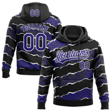 Load image into Gallery viewer, Custom Stitched Black Dark Purple-White 3D Pattern Design Torn Paper Style Sports Pullover Sweatshirt Hoodie

