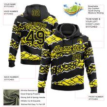 Load image into Gallery viewer, Custom Stitched Black Light Yellow-White 3D Pattern Design Torn Paper Style Sports Pullover Sweatshirt Hoodie
