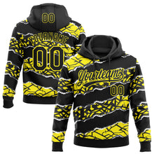 Load image into Gallery viewer, Custom Stitched Black Light Yellow-White 3D Pattern Design Torn Paper Style Sports Pullover Sweatshirt Hoodie
