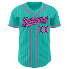 Load image into Gallery viewer, Custom Aqua White Pinstripe Pink-Navy Authentic Baseball Jersey
