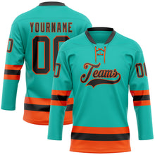 Laden Sie das Bild in den Galerie-Viewer, Custom Aqua Black-Orange Hockey Lace Neck Jersey
