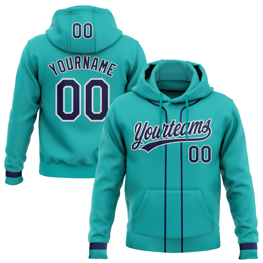 Custom Stitched Aqua Navy-White Baseball Pullover Sweatshirt Hoodie