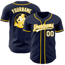 Load image into Gallery viewer, Custom Navy White-Yellow Authentic Baseball Jersey

