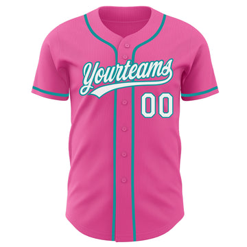 Custom Pink White-Teal Authentic Baseball Jersey