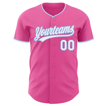 Custom Pink White-Light Blue Authentic Baseball Jersey