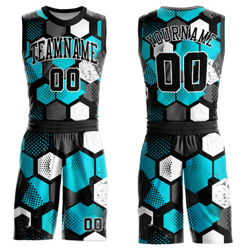 Custom Black Aqua-White Round Neck Sublimation Basketball Suit Jersey