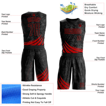 Custom Black Red Wind Shapes Round Neck Sublimation Basketball Suit Jersey