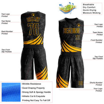 Custom Black Gold Wind Shapes Round Neck Sublimation Basketball Suit Jersey