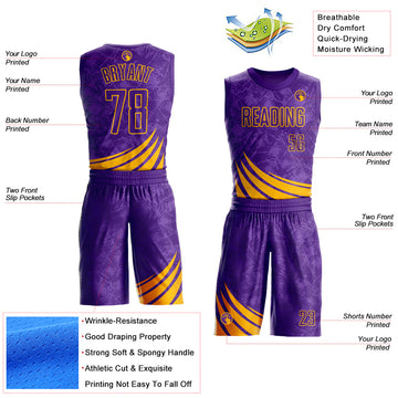 Custom Purple Gold Wind Shapes Round Neck Sublimation Basketball Suit Jersey