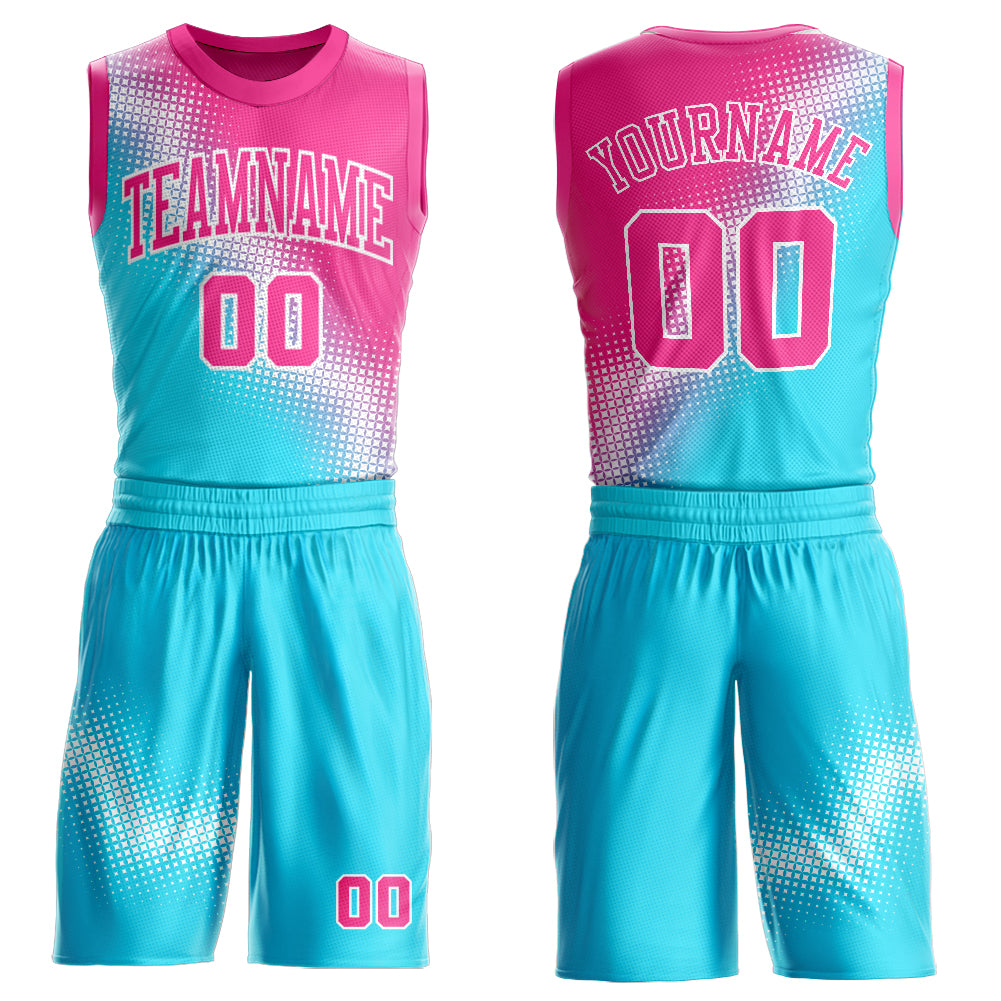 Custom Sky Blue Pink-White Gradient Two Tone Diamond Shape Round Neck Sublimation Basketball Suit Jersey