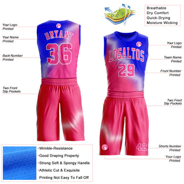 Custom Pink Royal-White Gradient Two Tone Diamond Shape Round Neck Sublimation Basketball Suit Jersey