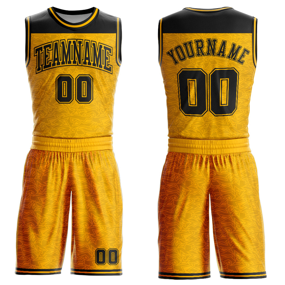 Custom Gold Black Color Block Round Neck Sublimation Basketball Suit Jersey