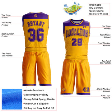 Custom Gold Purple Color Block Round Neck Sublimation Basketball Suit Jersey