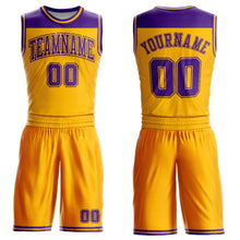 Load image into Gallery viewer, Custom Gold Purple Color Block Round Neck Sublimation Basketball Suit Jersey
