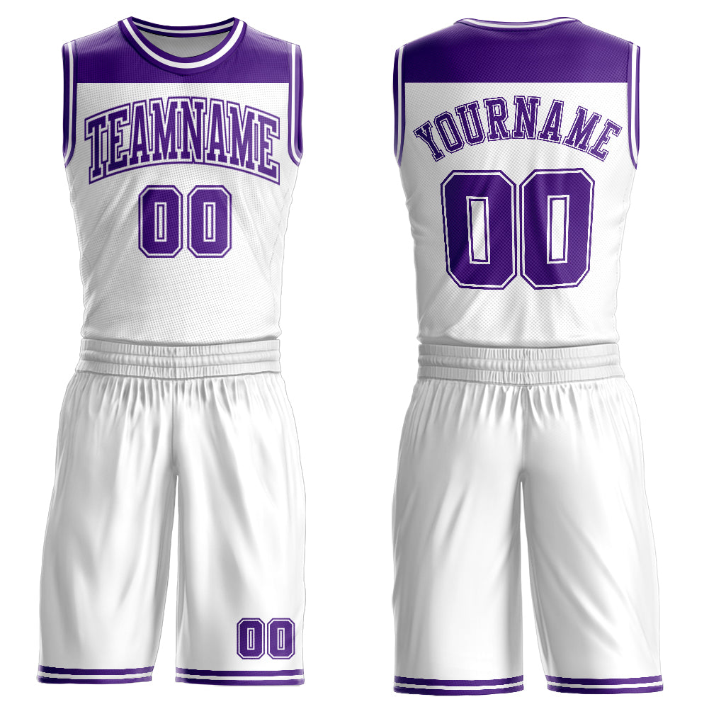 Custom White Purple Color Block Round Neck Sublimation Basketball Suit Jersey