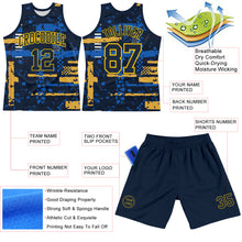Laden Sie das Bild in den Galerie-Viewer, Custom Navy Yellow Abstract Shape Fragment Art Round Neck Sublimation Basketball Suit Jersey
