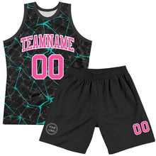 Laden Sie das Bild in den Galerie-Viewer, Custom Black Pink Aqua-White Abstract Network Round Neck Sublimation Basketball Suit Jersey

