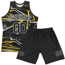 Laden Sie das Bild in den Galerie-Viewer, Custom Black Gold-White Line Round Neck Sublimation Basketball Suit Jersey
