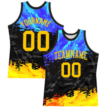 Laden Sie das Bild in den Galerie-Viewer, Custom Figure Yellow Royal-Black Splash Round Neck Sublimation Basketball Suit Jersey
