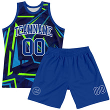 Laden Sie das Bild in den Galerie-Viewer, Custom Royal Neon Green-White Geometric Shape Round Neck Sublimation Basketball Suit Jersey
