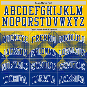 Custom Yellow Royal-White Gradient Square Shapes Round Neck Sublimation Basketball Suit Jersey