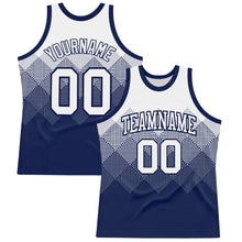 Laden Sie das Bild in den Galerie-Viewer, Custom White Navy Gradient Square Shapes Round Neck Sublimation Basketball Suit Jersey

