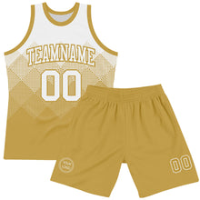 Load image into Gallery viewer, Custom White Old Gold Gradient Square Shapes Round Neck Sublimation Basketball Suit Jersey
