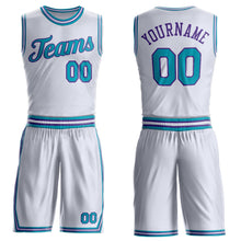 Laden Sie das Bild in den Galerie-Viewer, Custom White Teal-Purple Round Neck Suit Basketball Jersey
