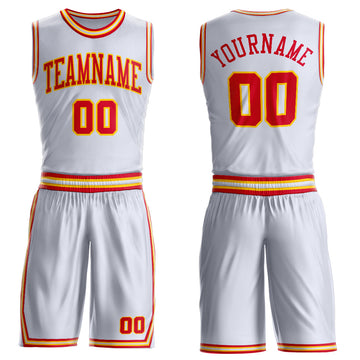 Custom White Red-Gold Round Neck Suit Basketball Jersey