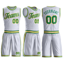 Laden Sie das Bild in den Galerie-Viewer, Custom White Kelly Green-Gold Round Neck Suit Basketball Jersey
