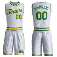 Laden Sie das Bild in den Galerie-Viewer, Custom White Kelly Green-Gold Round Neck Suit Basketball Jersey
