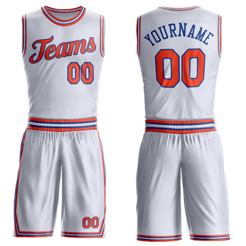 Custom White Orange-Royal Round Neck Suit Basketball Jersey