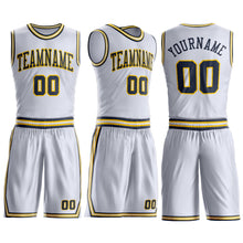 Load image into Gallery viewer, Custom White Navy-Gold Round Neck Suit Basketball Jersey
