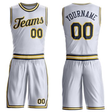 Custom White Navy-Gold Round Neck Suit Basketball Jersey
