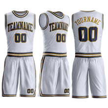 Laden Sie das Bild in den Galerie-Viewer, Custom White Navy-Old Gold Round Neck Suit Basketball Jersey
