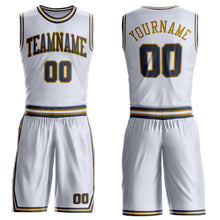 Laden Sie das Bild in den Galerie-Viewer, Custom White Navy-Old Gold Round Neck Suit Basketball Jersey
