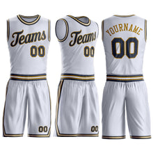 Load image into Gallery viewer, Custom White Navy-Old Gold Round Neck Suit Basketball Jersey
