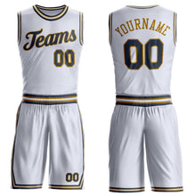 Load image into Gallery viewer, Custom White Navy-Old Gold Round Neck Suit Basketball Jersey
