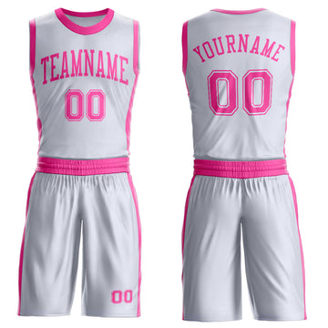 Custom White Pink Round Neck Suit Basketball Jersey