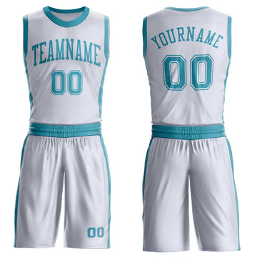 Custom White Teal Round Neck Suit Basketball Jersey