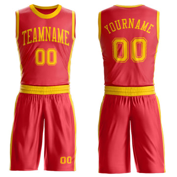 Custom Fire Red Gold Round Neck Suit Basketball Jersey