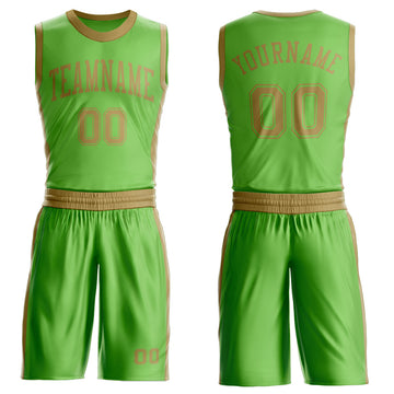 Custom Neon Green Old Gold Round Neck Suit Basketball Jersey