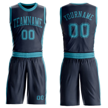 Custom Navy Teal Round Neck Suit Basketball Jersey