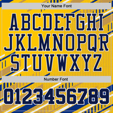 Загрузить изображение в средство просмотра галереи, Custom Yellow Navy Royal-White Geometric Stripe Round Neck Sublimation Basketball Suit Jersey
