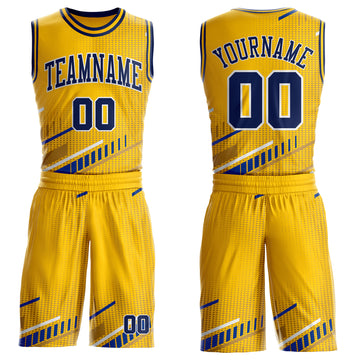 Custom Yellow Navy Royal-White Geometric Stripe Round Neck Sublimation Basketball Suit Jersey