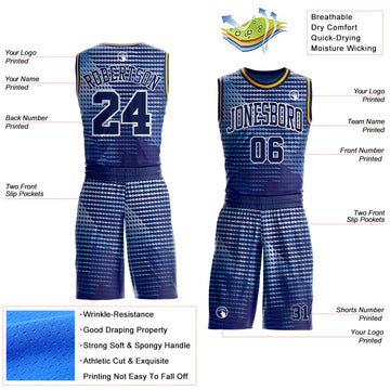 Custom Blue Navy White-Gold Gradient Geometric Stripe Round Neck Sublimation Basketball Suit Jersey